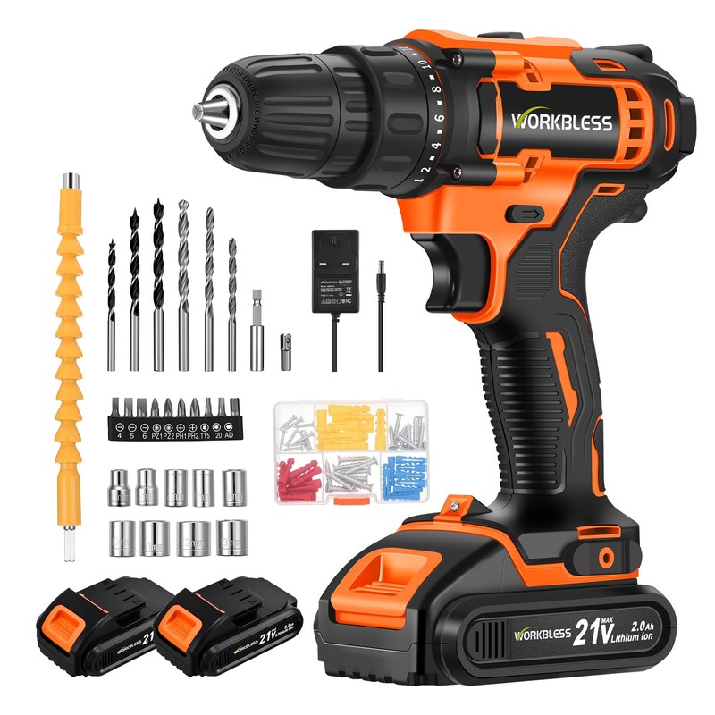 WorkBless WORKBLESS 21V Power Drill Set, Cordless Drill with Batteries