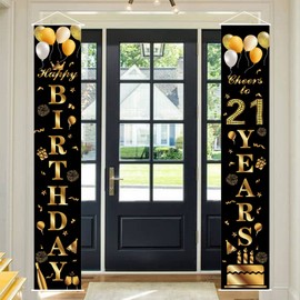 POPOYU Happy 21st Birthday Door Banner Party Decorations,Black Gold Fabric 21st Birthday Door Porch Sign Banner for Boys Girls Women Men 21 Years Old Birthday Party Indoor Outdoor Decor Supplies