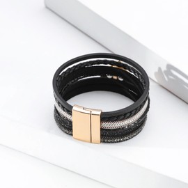 72ore Leather Wrap Bracelets for Women Boho Multilayer Cuff Bracelet Heart Stackable Bangles Bracelet Trendy Crystal Wristbands Western Jewelry Gifts for Teen Girls(Black)