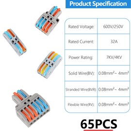 DIANN 65pcs Lever Wire Connectors Kit Compact Splicing Wire Connectors Assortment Pack Lever Connector Kit Quick Wiring Connector for AWG 28-12