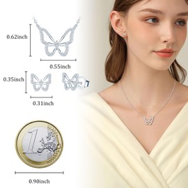 MICMIF 925 Sterling Silver Butterfly Earrings and Necklace Jewellery Set for Women Teens Girls, Dainty Cubic Zirconia Butterfly Earrings and Necklace Set Silver Jewelry