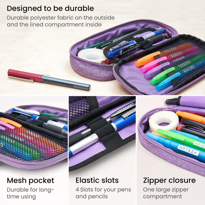 ARTEZA Pencil Case, Purple Pencil Pouch with Zipper Closure, School