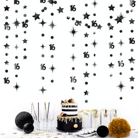 Black Number 16 Circle Dot Twinkle Star Garland Metallic Streamer Bunting Banner Backdrop Decorations for Girls Happy 16th Birthday Sweet Sixteen 16th Anniversary Cheers to 16 Years Party Decor