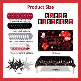 UgyDuky 71 Pcs Red and Black Birthday Decorations for Women Men with Happy Birthday Banner Photo Backdrop Star Foil Balloons Red Black and Silver Balloons Tablecloth for Birthday Party Decorations