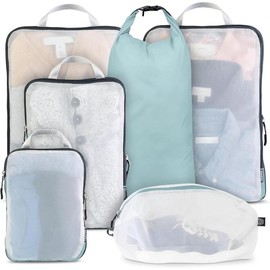Large Packing Cube Set with See Through Mesh- Compression Packing Cubes Travel Organizers by TRIPPED Travel Gear - Color: White