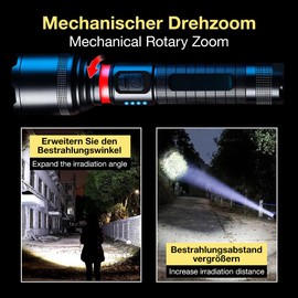 Happy GO Taschenlampe LED Aufladbar 10000 Lumen Extrem Hell Zoombare Taktische Taschenlampe klein 2 Schalter 5 Lichtmodi Type-C IPX6 Wasserdicht für Camping Outdoor Angeln Notfälle survival ausrüstung
