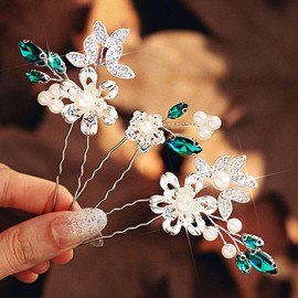 CASDRE Crystal Bride Wedding Hair Pins Pearl Bridal Hair Pieces Flower Hair Accessories for Women (Pack of 3) (Green, One Size)