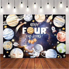 Reach Four The Stars Space Theme Children Birthday Background 4th Birthday Party Kids Astronaut Themed Birthday Party Decoration Boy Girl Birthday Party Photography Decorations Banner (8X6FT)