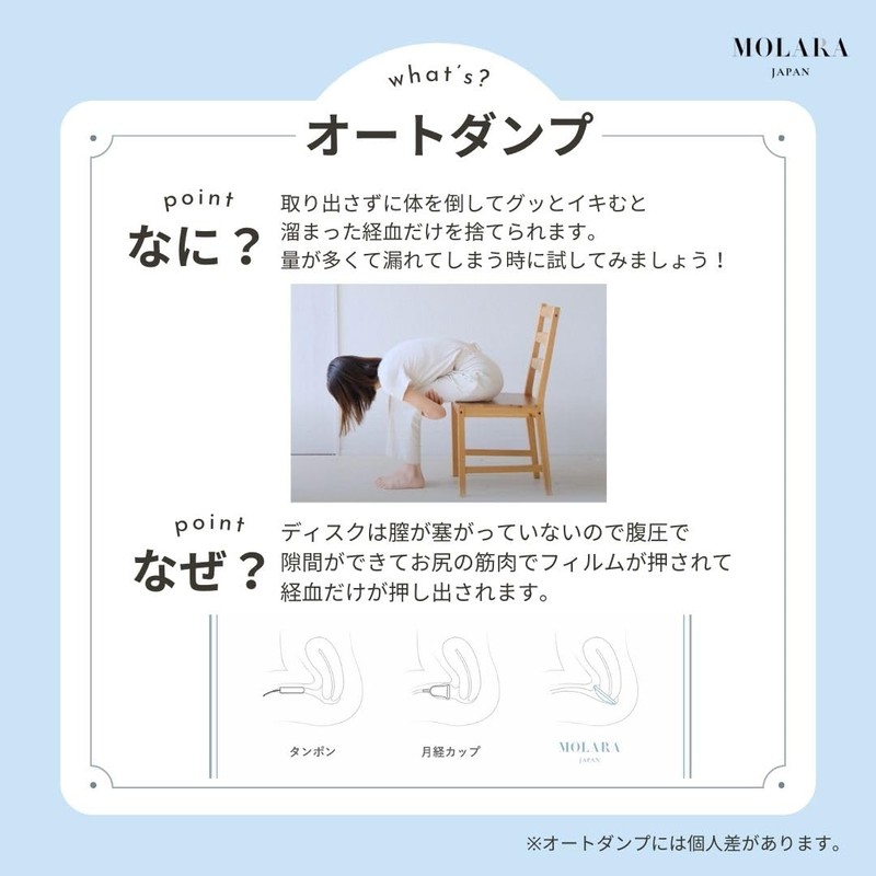 MOLARA（モララ）【公式】使い捨て 月経ディスク 生理用品【BPAフリー・国産】 2枚入り （お試しサイズ）59ml 量の多い日 寝ている時の伝漏れ 運動 キャンプ 旅行