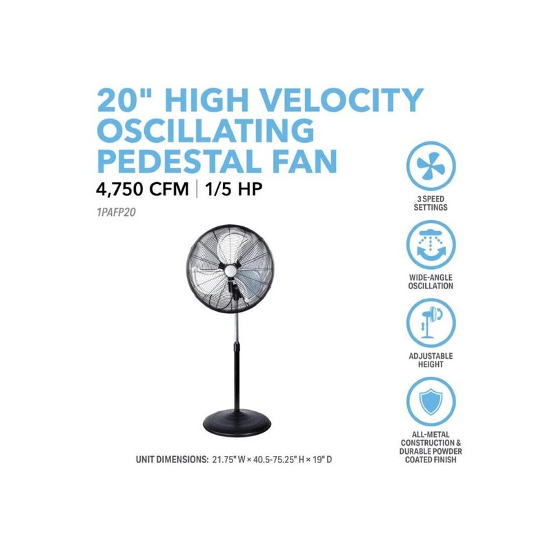 Perfect Aire 20” Pedestal Fan, Oscillating Standing Floor Fan for