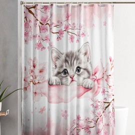 AILONEN Kawaii Cat Shower Curtain for Bathroom,Cute Animal Kitten Pet Floral Pink Rose Blossoms Waterproof Fabric Bath Curtain with Hooks,72" Wx72 H