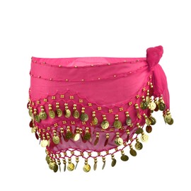 Women's Belly Dance Belt, Professional Belly Dance Costume, Chiffon Hip Scarf with 128 Golden Coins, Dance Cloth Belly Dance Skirt, pink red, Unit size