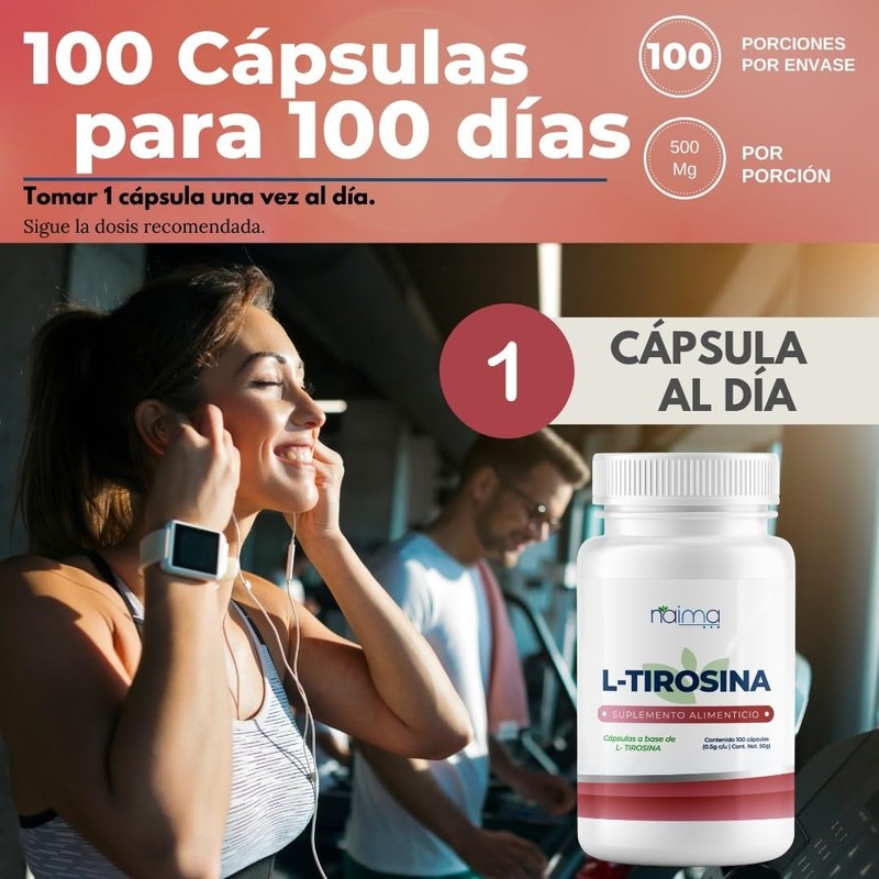 L - Tirosina 500mg por Cápsula - 100 Cápsulas, Pure,