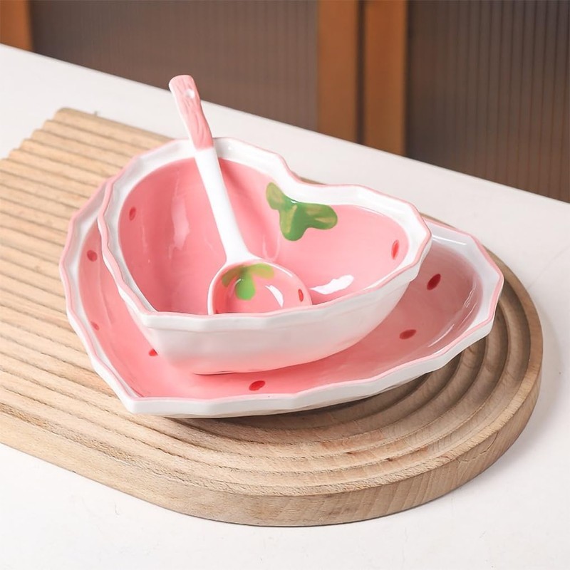 WAIT FLY Heart Shape Ceramic Dinnerware Set, Cute Strawberry Tableware