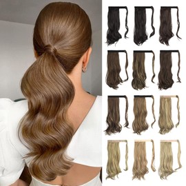 SOFEIYAN Curly Ponytail Extension 15 Inch Heat Resistant Synthetic Natural Wavy Hairpiece Wrap Around Pony Tail Hair Extensions for White Black Women Hair Piece, Light Auburn Brown