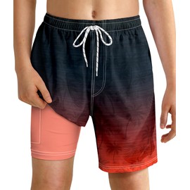 YGDSX Boys Swim Trunks with Compression Liner Boys Quick Dry 2 in 1 Swim Shorts Summer Beach Shorts, Black-red, 14-16 Years