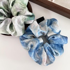 Satin Scrunchies for Women 2Pcs Big Tie Dye Long Thick Curly Hair Elegant Soft Hair Bands Ponytail Holders No Damage Elastic Hair Ties (Green +Blue, One size)