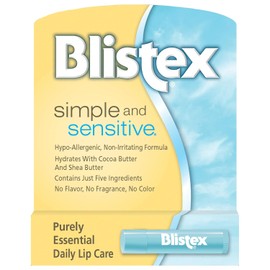 Blistex Bálsamo labial simple y sensible, tubo de 0.15 onzas, bálsamo labial hipoalergénico sin sabor, hidratante labial suave para labios secos, contiene manteca de karité y cacao