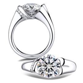 OWIKRUA Tension Set 3 Carat Moissanite Solitaire Promise Ring for Women D-color VVS1 3.08 cttw Rhodium Plated Sterling Silver Half Bezel Cocktail Heart Engagement Anniversary Wedding Band (D, 6)