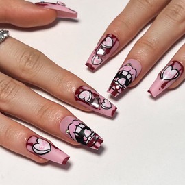 Pink Press on Nails Medium Coffin Fake Nails with 3D Heart Rhinestone Designs Pink Heart False Nails Matte Full Cover Glue on Nails Valentines Cute Stick on Nails for Women Girls 24 Pcs