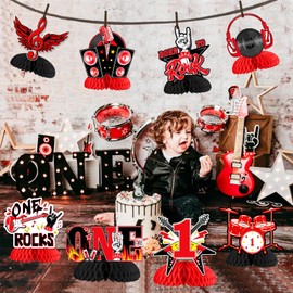 8 Pieces One Rocks 1st Birthday Honeycomb Centerpieces for Boy Girl, Rock and Roll Table Centerpiece First Birthday Decorations, Red Black Music Themed 1 Year Old Baby Party Supplies