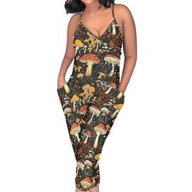 Hdjxbdhsv Mushroom Women's Summer Jumpsuits Loose Spaghetti Strap Baggy Rompers Casual Onesie Jumpers Overalls with Pockets