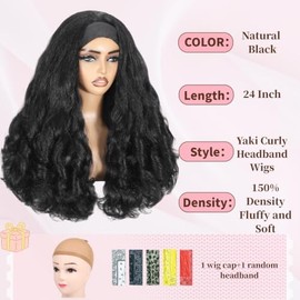 Peluca de 24 pulgadas con diadema rizada Yaki para mujeres negras, cabello sintético liso con puntas rizadas, media peluca sin pegamento con diadema i