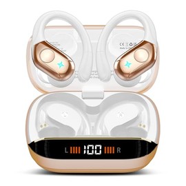 Qecnato Wireless Earbuds Bluetooth 5.4 Headphones 75H Stereo Deep Bass Sports Over Ear Buds with Earhooks, LED Display Bluetooth Earbuds with 4 ENC Mic, IP7 Waterproof Earphone for Running, Khaki