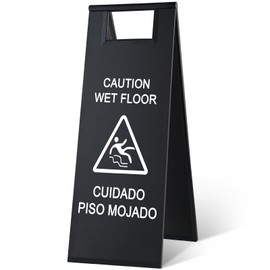 Stainless Steel Wet Floor Caution Sign Bulk 8.8 Pound Portable Foldable Handle Bilingual Safety Sign for Kitchen Restaurant Supermarket Shop Commercial Use Avoid Fall and Slip Accident (Black)