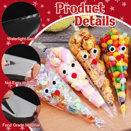 Pack of 100 Candy Bags, Cellophane Bags, Brown Pointed Bags with Ties, Red Pompoms, Wiggly Eyes for Christmas Gifts