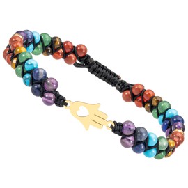 Nupuyai Hamsa Lucky Charm 7 Chakra Braided Crystal Beads Bracelet for Women Men, Double Layer Adjustable Healing Stone Bracelet for Reiki Meditation