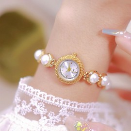 ADSBIAOYE Elegant Women Pearl Bracelet Watches Fashion Dress Quartz Watch Ladies Gift Watches (2 Gold-White), Y-FA1805