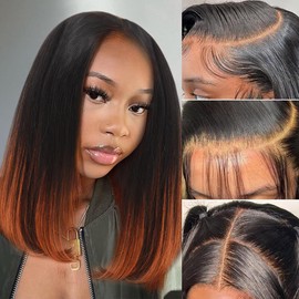 Highlight 4x4 HD Lace Front Wigs Ombre 1B/350 Black to Ginger Orange Human Hair Bob Wigs Colored Lace Closure Wigs for Women Glueless Pre Plucked 180% Density Straight Short Bob Wig 10 Inch