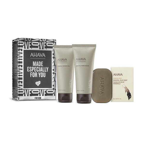 AHAVA Cleansing & Moisturising Kit for HIM Specially Made for You - Energy Saving Mineral Shower Gel, Hand Cream and Mineral Mud Soap in Bundle - Skin Care Solution as a Gift for Men