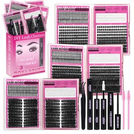 Lash Clusters Kit 8 Styles 1464Pcs Wispy Eyelash Clusters Kit Cat Eye Cluster Eyelash Extensions Kit Pestañas Postizas Naturales DIY Lash at Home+Eyelash Curler,Lash Bond and Seal,Remover,Tweezers