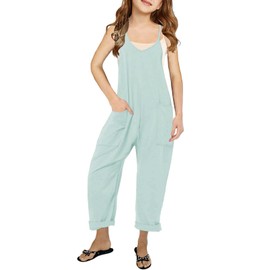 CharmWM Girls Casual Jumpsuits Spaghetti Strap Sleeveless Loose Romper Long Pants with Pockets Kids Clothes Blue Grey