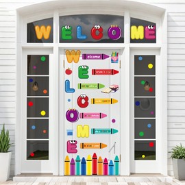 Yiaoyinnz 9 Sheet Welcome Window Door Clings Back to School Door Stickers Classroom Colorful Crayon Glass Decals for First Day of School Party Preschool Kindergarten Elementary Wall Blackboard Decor