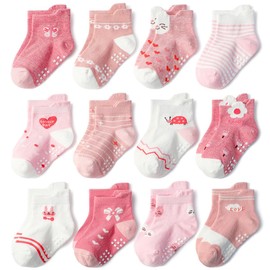 Baby Non Slip Grip Ankle Socks, 12-Pack [Cartoon] Sticky Slippery Cotton Crew Socks for 1-3/3-5 Years Old Infants Toddlers Kids Boys Girls Crawling Unisex Ankle Socks Non Skid Sole for Babies Boy Girl