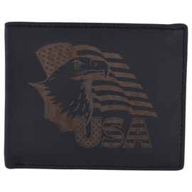 Men's Cowhide Leather USA Flag Eagle Logo RFID Bifold Wallet (Black)