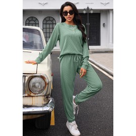 Andeip Womens Pajama Set Waffle Knit Lounge Set Long Sleeve Pj Set with Pockets Light Green S