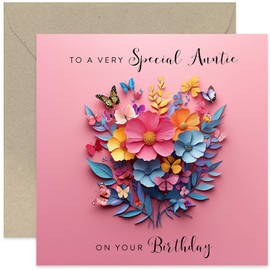 Very Special Auntie Happy Birthday Greeting Card - Gifts for Her - Floral Paper Cutout Artwork with Butterflies - Feminine Pink Birthday Cards - Keepsake Thoughtful Heartfelt Sweet Card - Non 3D