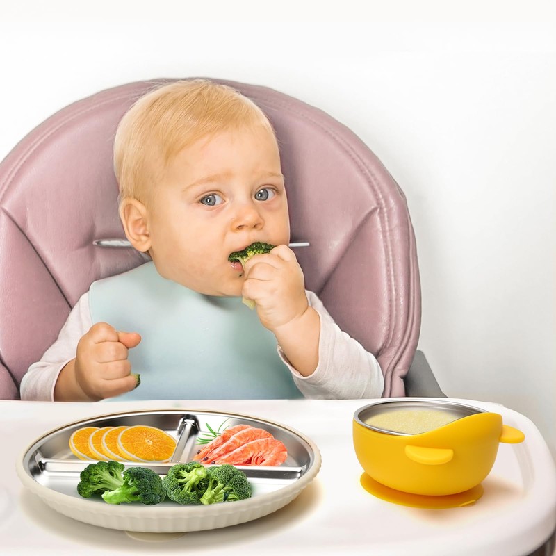 MISSLILI Stainless Steel Kids Plates and Bowls with Suction, Divided
