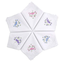 Women's Cotton Handkerchiefs Flower Embroidered with Lace, Ladies Hankies 6 Pcs - Assorted - Color: Blue, Purple, Pink