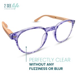 Purple Retro Bamboo Frame Round Reading Glasses for Women with Sturdy Made - Flexible Spring Hinge Readers for Women - Trendy for all Face Shapes High End Fashion Reader Glasses - Cheaters 2.0+