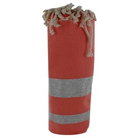 LES POULETTES - Fouta Beach Towel Salmon Cotton and Lurex Stripes