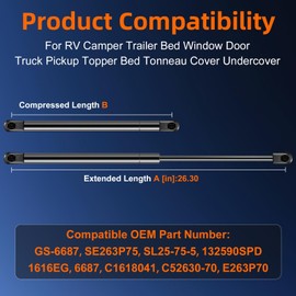 Euplokeer Qty (2) SPD-GS-6687 26in 75lb/334N Gas Strut Shock for Truck Topper Bed Tonneau Cover Undercover Parts, GSNI-6687 SL25-75 Spring Lift Support for RV Motorhome Camper Trailer Bed Window Door.