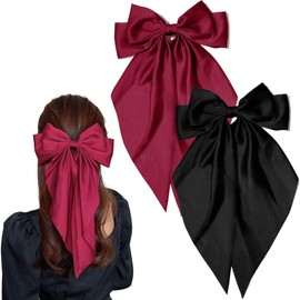 Pack of 2 Hair Bow Clips, Hair Clips with Large Bow and Long Silky Satin, Accessories for Girls Women, Simple Accessory for Women and Girls, Black + Burgundy