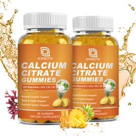 GONGOTA Calcium Citrate 1200mg with Vitamin D3 Gummies, Chewable Calcium for Bone, Muscle, Joints, Immune Support, Calcium Supplements for Women & Men,Sugar Free, Pineapple Flavor - 120 Gummies