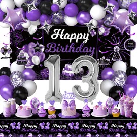 Miidenks 13th Birthday Decorations for Girl, Purple Black Happy 13 Party Decor with Backdrop Banner, Tablecloth, 13 Number Foil Balloons for Her