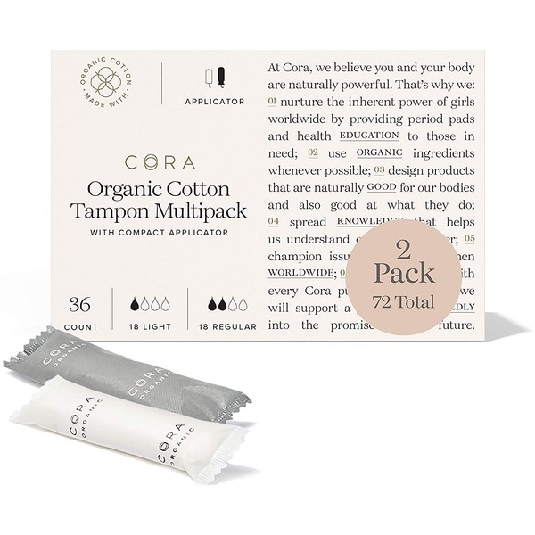 Cora Organic Cotton Unscented Tampons with BPA-Free Plastic Compact Comfort Applicator - Chlorine, Chemical & Toxin Free, Leak Protection | Variety Pack | Light/Regular Absorbency (72 Count)